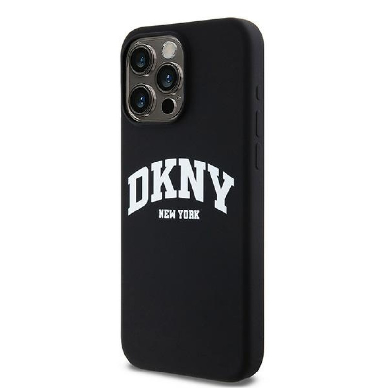 DKNY Apple iPhone 15 Pro Max cietais maciņš Liquid Silicone White Printed Logo MagSafe, melns
