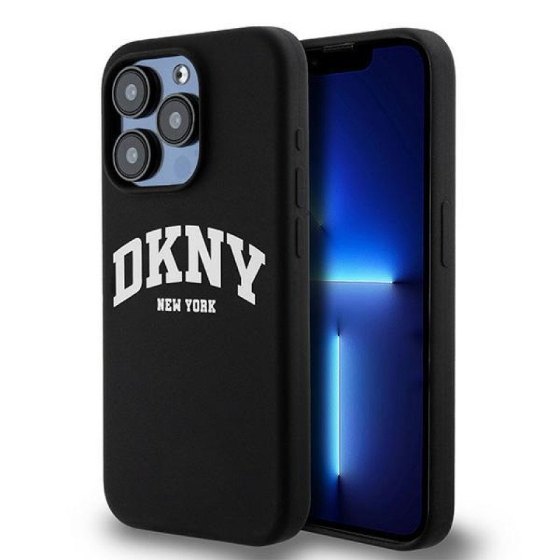 DKNY Apple iPhone 14 Pro cietais futrālis Liquid Silicone White Printed Logo MagSafe, melns