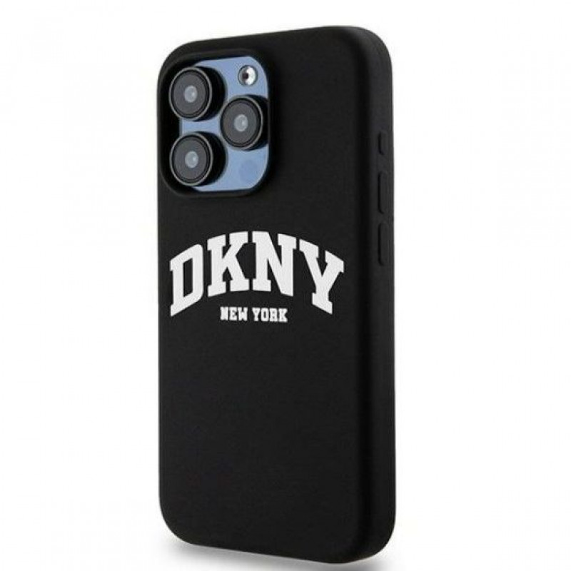 DKNY Apple iPhone 14 Pro cietais futrālis Liquid Silicone White Printed Logo MagSafe, melns