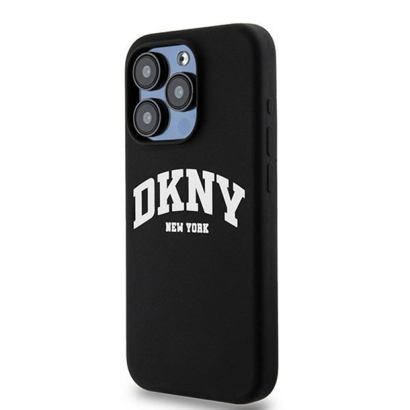 DKNY Apple iPhone 14 Pro cietais futrālis Liquid Silicone White Printed Logo MagSafe, melns