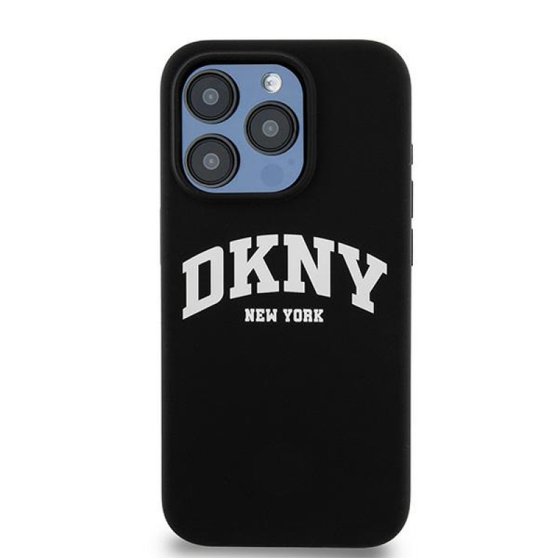 DKNY Apple iPhone 14 Pro cietais futrālis Liquid Silicone White Printed Logo MagSafe, melns