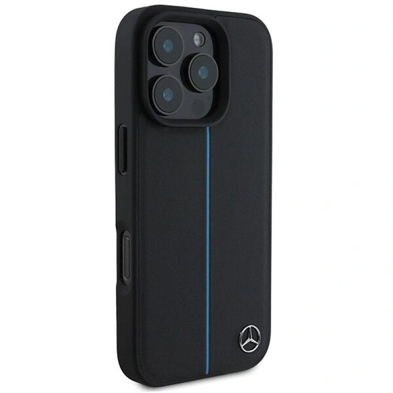 Mercedes MEHMP16L23RURBK Apple iPhone 16 Pro cietais maciņš MB Blue Line Leather MagSafe, melns