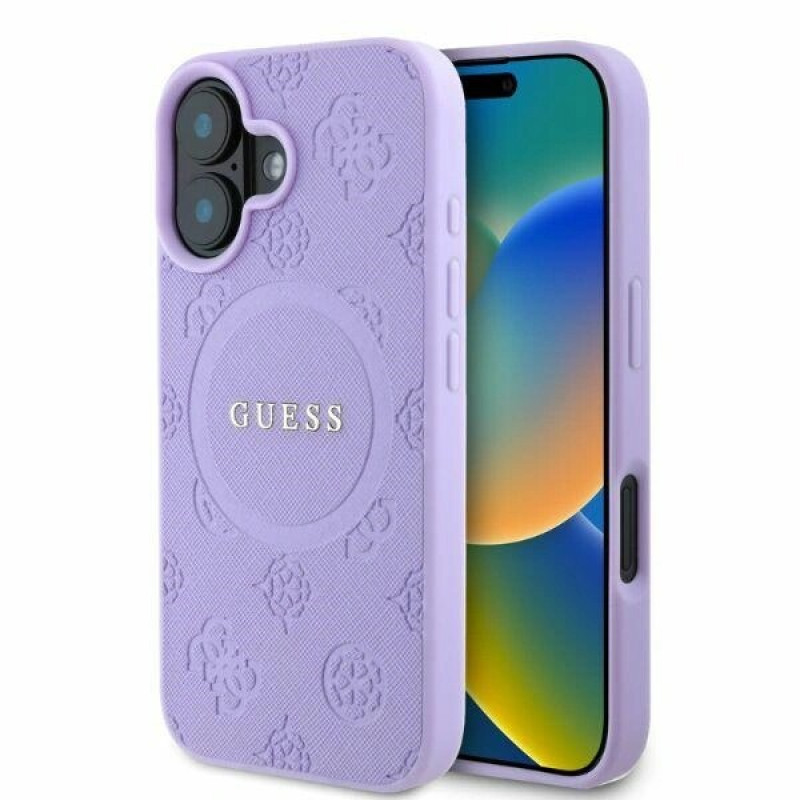 Guess Saffiano Peony Stamp MagSafe vāciņš Apple iPhone 16, purpurs
