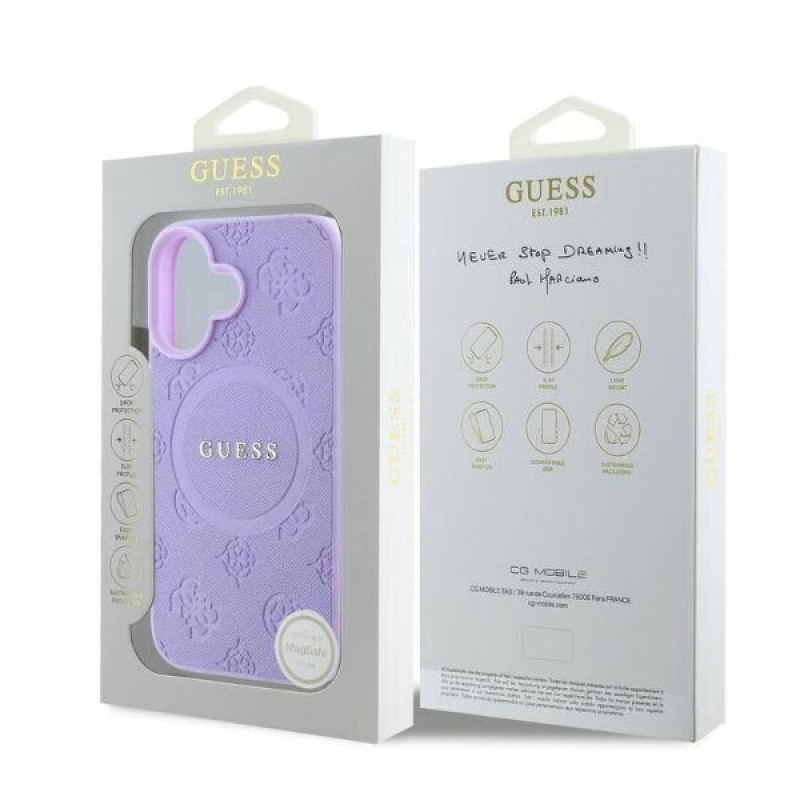 Guess Saffiano Peony Stamp MagSafe vāciņš Apple iPhone 16, purpurs