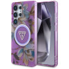 Guess Glitter Flowers Triangle Buttons MagSafe vāciņš Samsung Galaxy S25 Ultra, purpurs