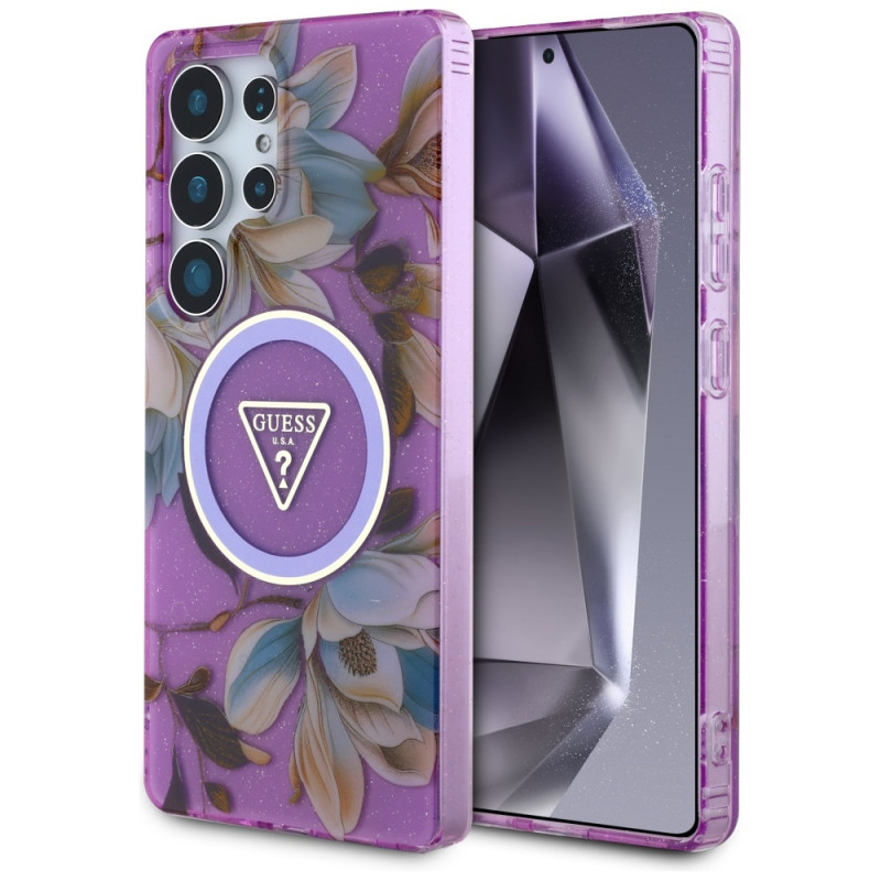 Guess Glitter Flowers Triangle Buttons MagSafe vāciņš Samsung Galaxy S25 Ultra, purpurs
