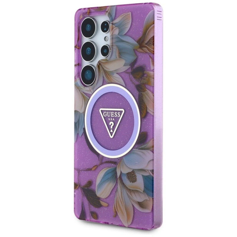 Guess Glitter Flowers Triangle Buttons MagSafe vāciņš Samsung Galaxy S25 Ultra, purpurs