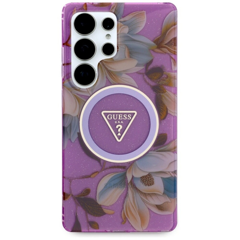 Guess Glitter Flowers Triangle Buttons MagSafe vāciņš Samsung Galaxy S25 Ultra, purpurs