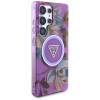 Guess Glitter Flowers Triangle Buttons MagSafe vāciņš Samsung Galaxy S25 Ultra, purpurs