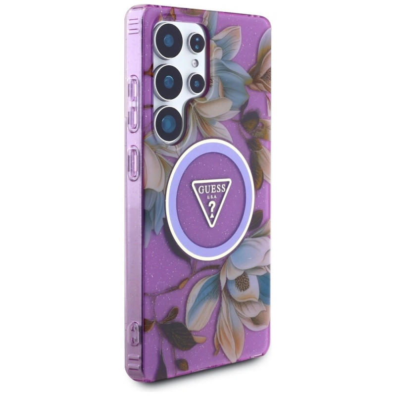 Guess Glitter Flowers Triangle Buttons MagSafe vāciņš Samsung Galaxy S25 Ultra, purpurs