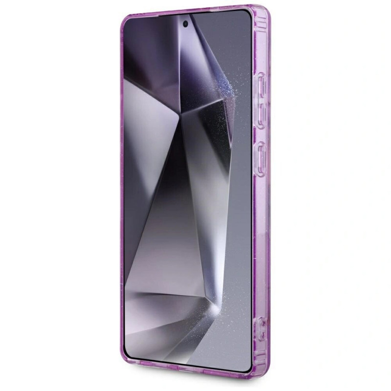Guess Glitter Flowers Triangle Buttons MagSafe vāciņš Samsung Galaxy S25 Ultra, purpurs