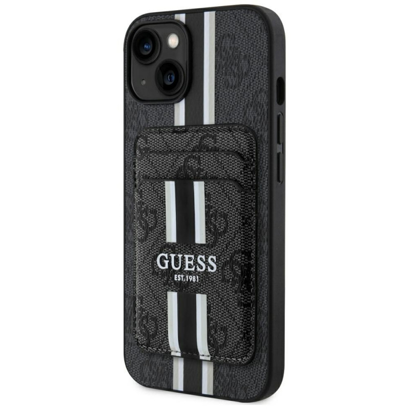 Guess 4G Stripes MagSafe Wallet vāciņš ar maciņu Apple iPhone 15, melns