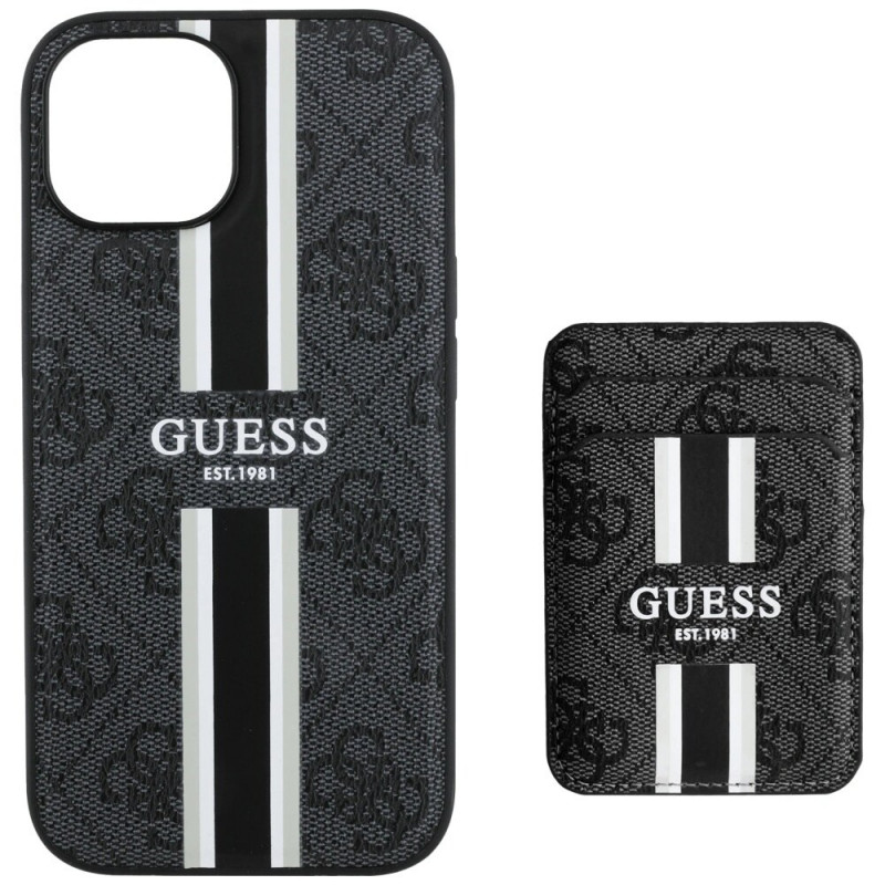Guess 4G Stripes MagSafe Wallet vāciņš ar maciņu Apple iPhone 15, melns