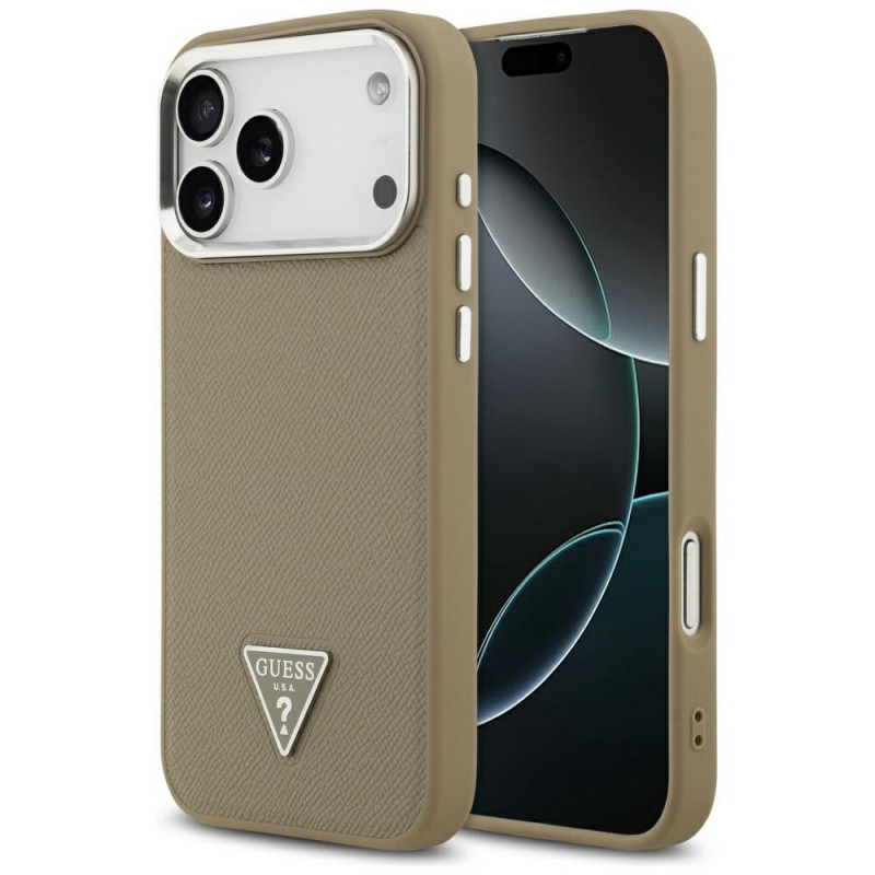 Guess Grained Triangle Logo MagSafe cietais maciņš Apple iPhone 17 Pro Max, brūns