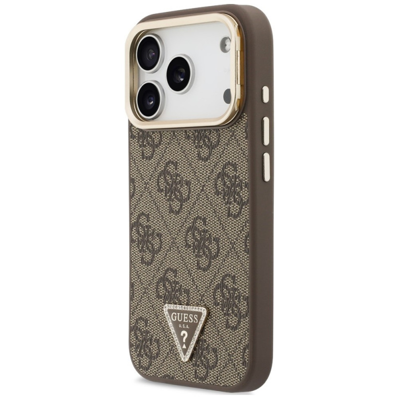 Guess 4G PU Triangle Logo & Stand Camera MagSafe maciņš Apple iPhone 18 Pro Max / 17 Pro Max, brūns