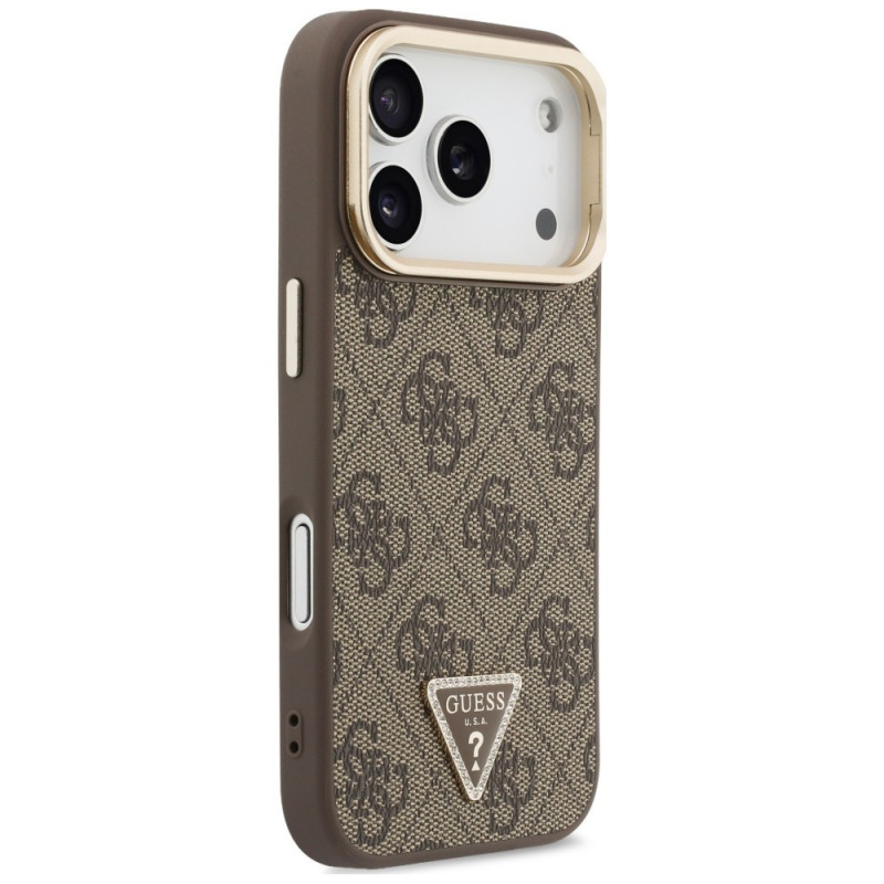 Guess 4G PU Triangle Logo & Stand Camera MagSafe maciņš Apple iPhone 18 Pro Max / 17 Pro Max, brūns