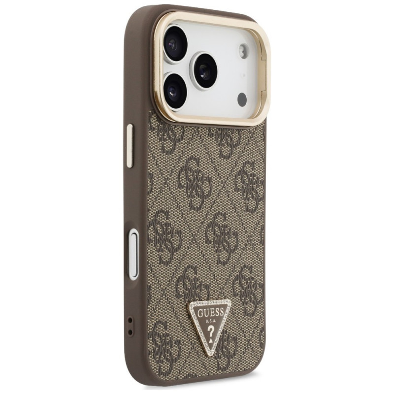 Guess 4G PU Triangle Logo & Stand Camera MagSafe maciņš Apple iPhone 18 Pro / 17 Pro, brūns
