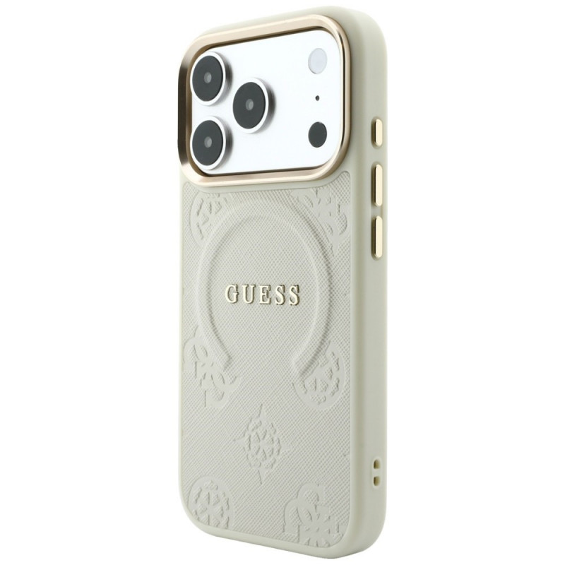 Guess Saffiano Peony & Ring MagSafe futrālis Apple iPhone 18 Pro / 17 Pro, bēšs