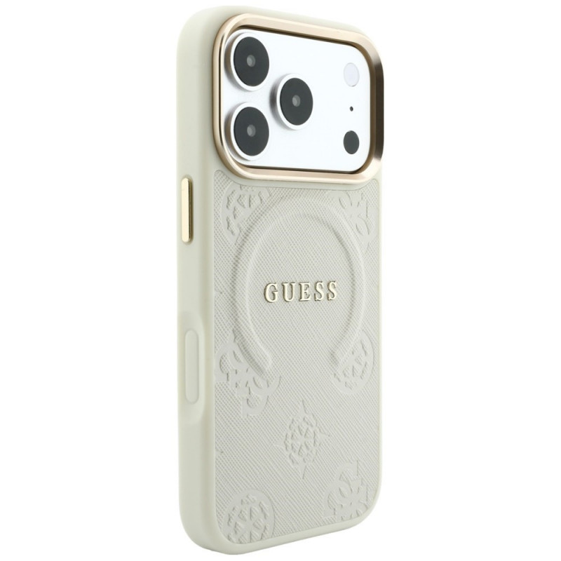 Guess Saffiano Peony & Ring MagSafe futrālis Apple iPhone 18 Pro / 17 Pro, bēšs