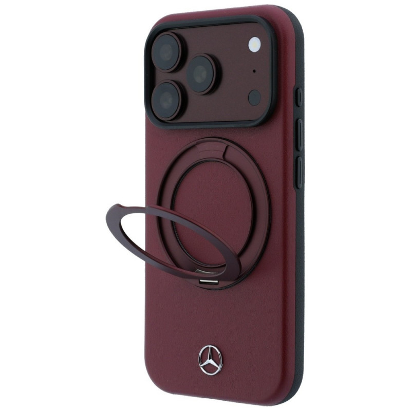 Mercedes-Benz Leather with Ring Stand MagSafe apvalks ar gredzenveida statīvu Apple iPhone 18 Pro Max / 17 Pro Max, bordo