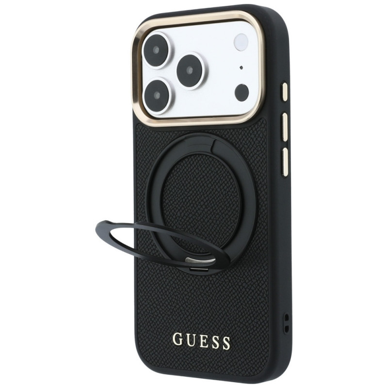 Guess Ring Stand 360 Grained Classic Logo MagSafe apvalks Apple iPhone 18 Pro / 17 Pro, melns