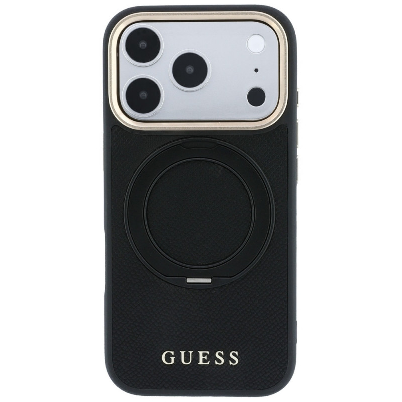 Guess Ring Stand 360 Grained Classic Logo MagSafe apvalks Apple iPhone 18 Pro / 17 Pro, melns