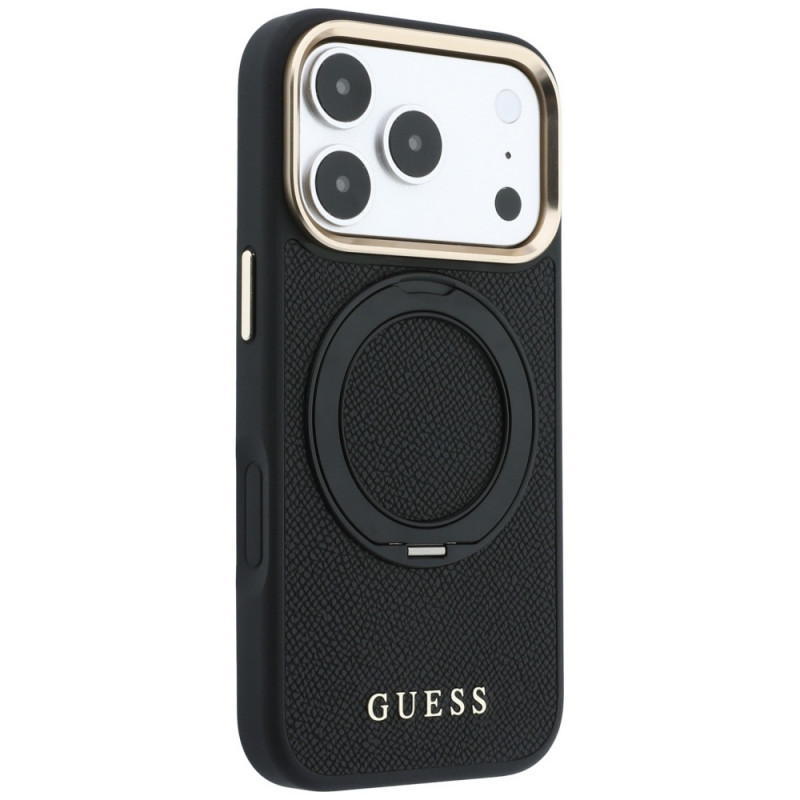 Guess Ring Stand 360 Grained Classic Logo MagSafe apvalks Apple iPhone 18 Pro / 17 Pro, melns