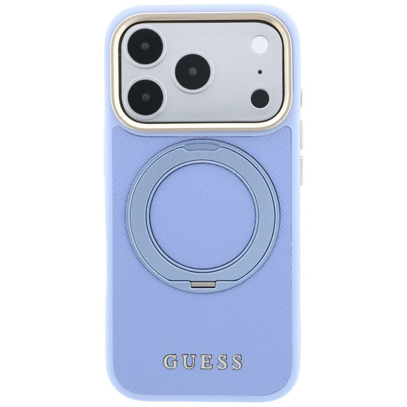 Guess Ring Stand 360 Grained Classic Logo MagSafe vāciņš Apple iPhone 18 Pro Max / 17 Pro Max, gaiši zils