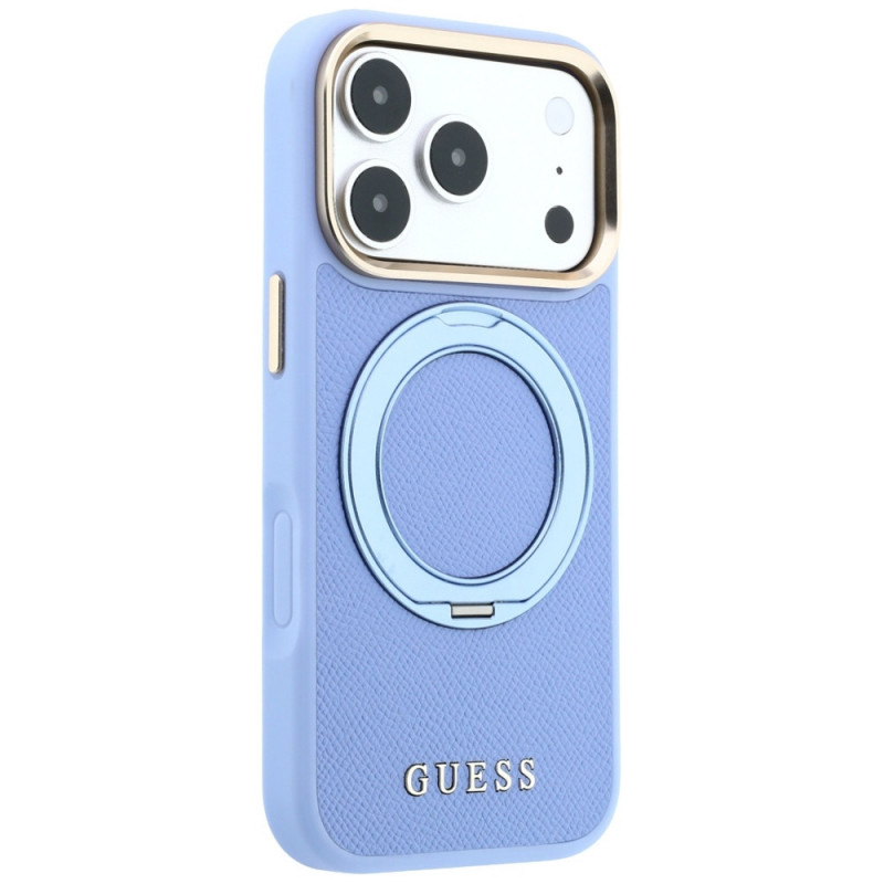 Guess Ring Stand 360 Grained Classic Logo MagSafe vāciņš Apple iPhone 18 Pro Max / 17 Pro Max, gaiši zils