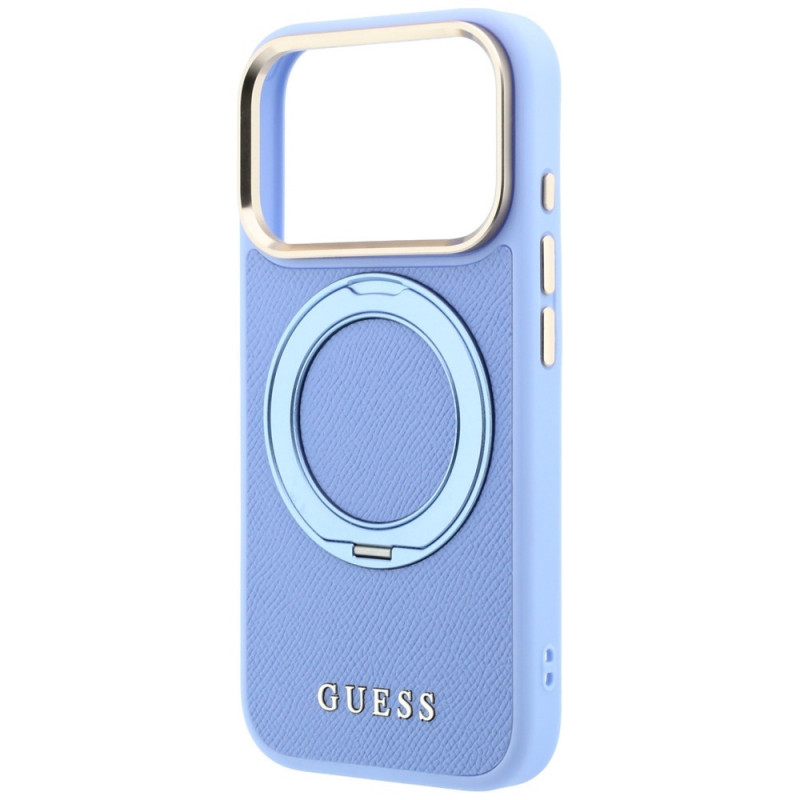 Guess Ring Stand 360 Grained Classic Logo MagSafe vāciņš Apple iPhone 18 Pro Max / 17 Pro Max, gaiši zils