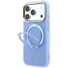 Guess Ring Stand 360 Grained Classic Logo MagSafe vāciņš Apple iPhone 18 Pro / 17 Pro, gaiši zils