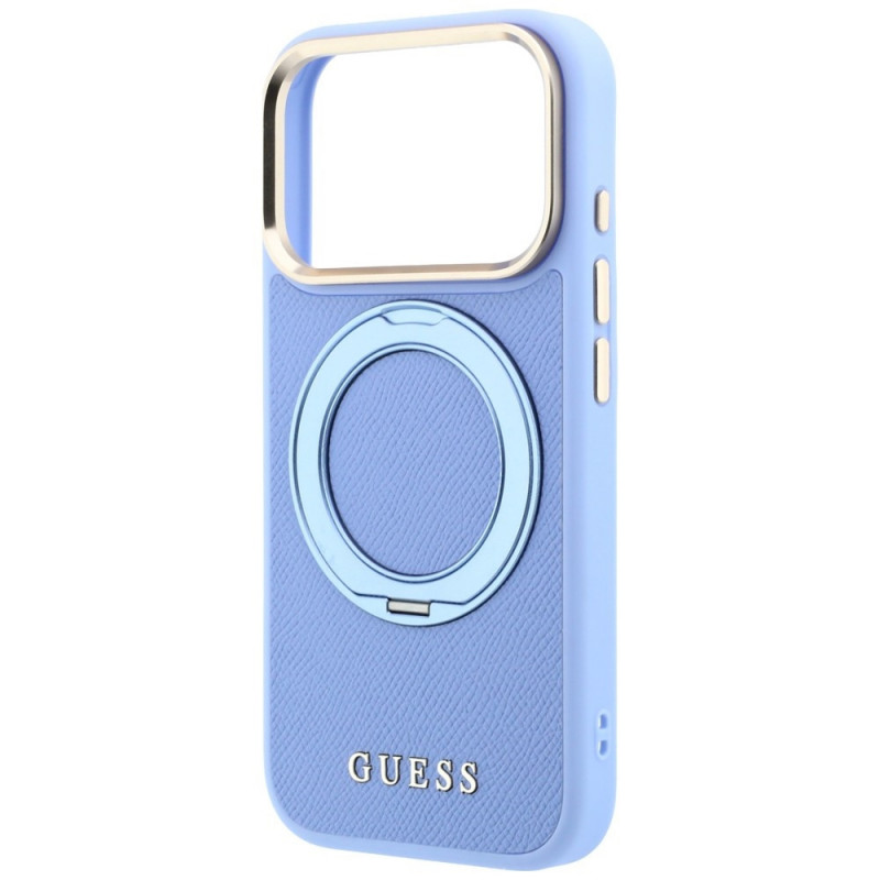 Guess Ring Stand 360 Grained Classic Logo MagSafe vāciņš Apple iPhone 18 Pro / 17 Pro, gaiši zils