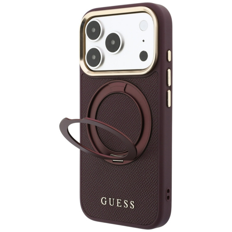 Guess Ring Stand 360 Grained Classic Logo MagSafe apvalks Apple iPhone 18 Pro / 17 Pro, bordo