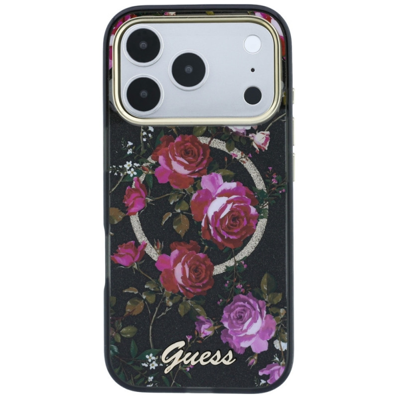 Guess GUE6042 IML Glitter Blossom Roses MagSafe cietais maciņš Apple iPhone 18 Pro Max / 17 Pro Max, melns