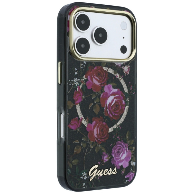 Guess GUE6042 IML Glitter Blossom Roses MagSafe cietais maciņš Apple iPhone 18 Pro Max / 17 Pro Max, melns