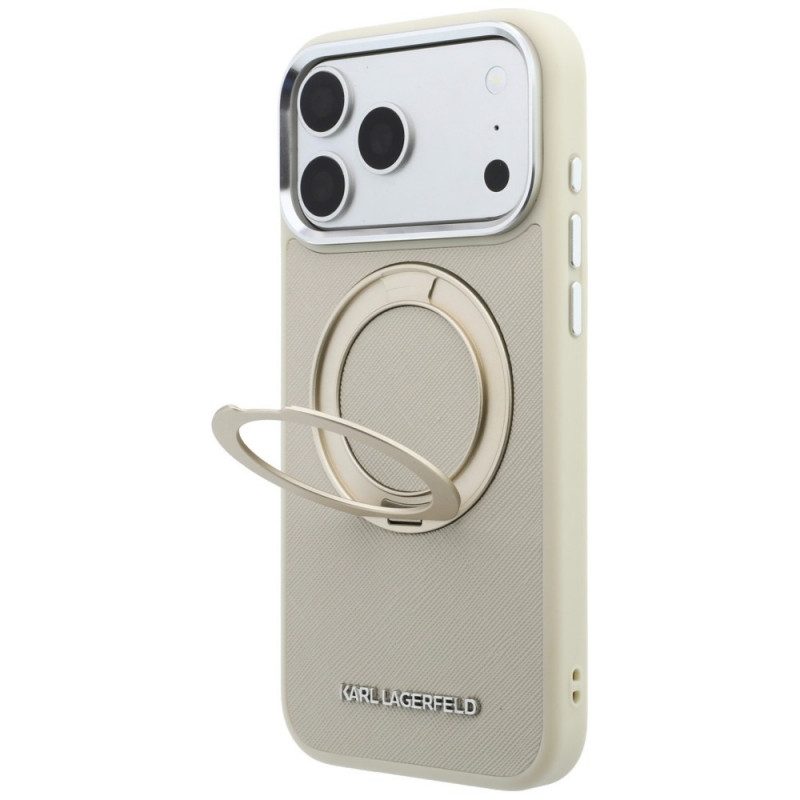 Karl Lagerfeld Ring Stand 360 Saffiano Classic Logo MagSafe vāciņš Apple iPhone 18 Pro / 17 Pro, bēšs