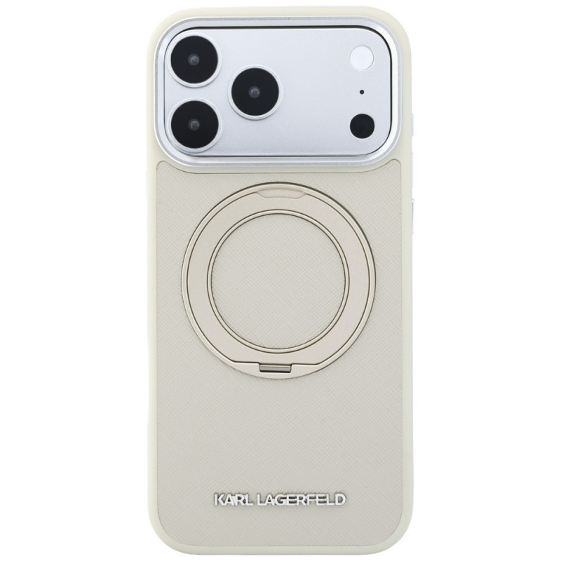 Karl Lagerfeld Ring Stand 360 Saffiano Classic Logo MagSafe vāciņš Apple iPhone 18 Pro / 17 Pro, bēšs