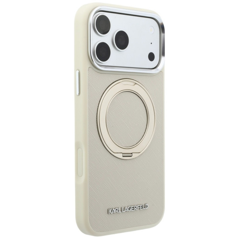 Karl Lagerfeld Ring Stand 360 Saffiano Classic Logo MagSafe vāciņš Apple iPhone 18 Pro / 17 Pro, bēšs