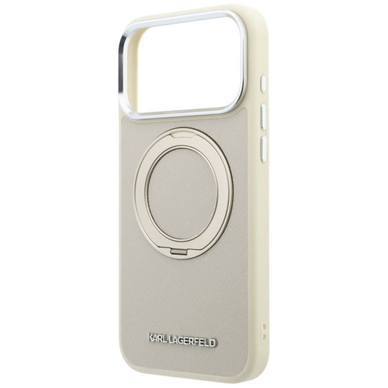 Karl Lagerfeld Ring Stand 360 Saffiano Classic Logo MagSafe vāciņš Apple iPhone 18 Pro / 17 Pro, bēšs