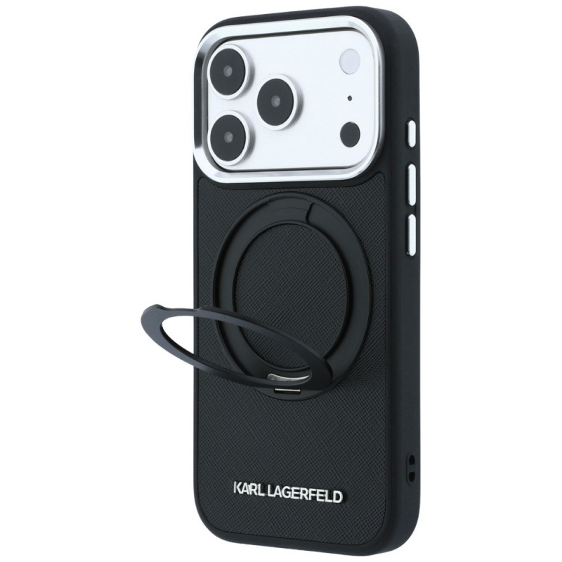 Karl Lagerfeld Ring Stand 360 Saffiano Classic Logo MagSafe vāciņš Apple iPhone 18 Pro / 17 Pro, melns (KF003179)