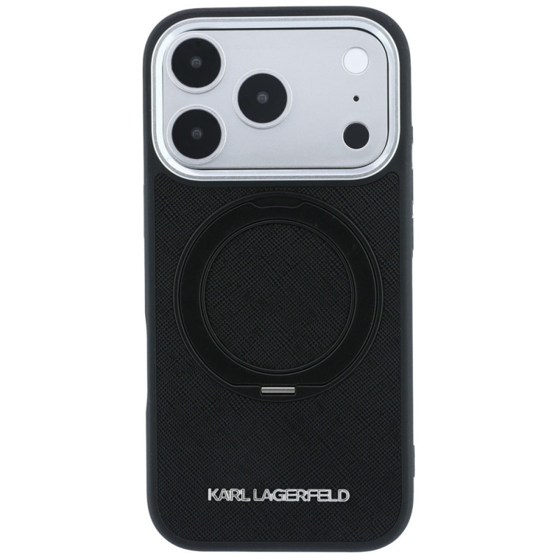 Karl Lagerfeld Ring Stand 360 Saffiano Classic Logo MagSafe vāciņš Apple iPhone 18 Pro / 17 Pro, melns (KF003179)