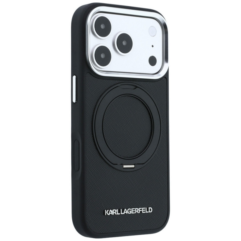 Karl Lagerfeld Ring Stand 360 Saffiano Classic Logo MagSafe vāciņš Apple iPhone 18 Pro / 17 Pro, melns (KF003179)