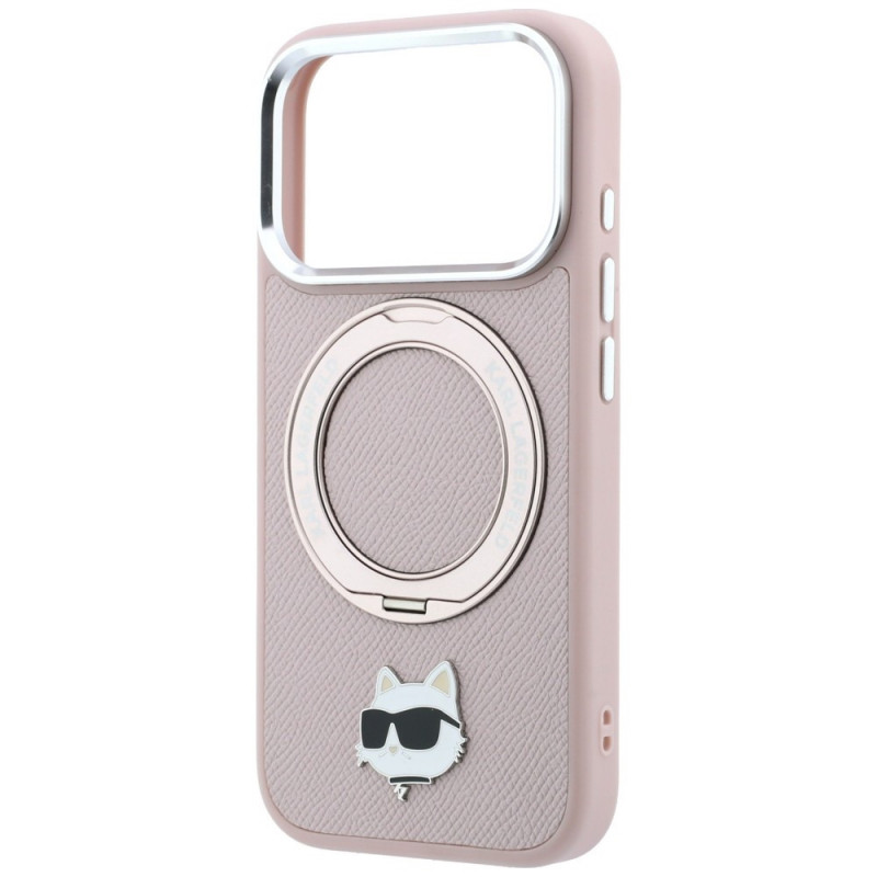 Karl Lagerfeld ar Ring Stand 360 Choupette Head Pin MagSafe vāciņš Apple iPhone 18 Pro Max / 17 Pro Max, rozā