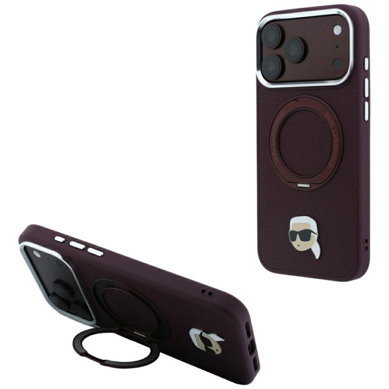 Karl Lagerfeld ar Ring Stand 360 Karl Head Pin MagSafe vāciņš Apple iPhone 18 Pro Max / 17 Pro Max, Burgundy