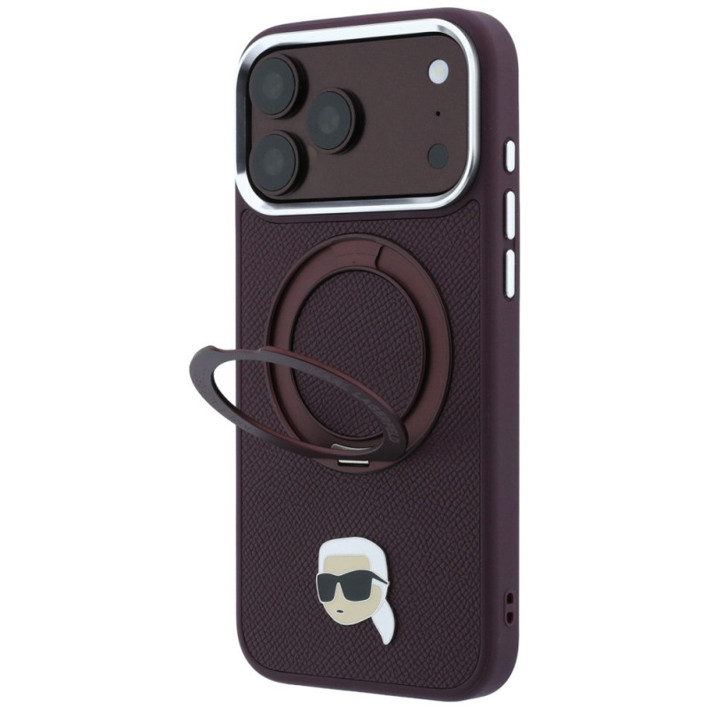 Karl Lagerfeld ar Ring Stand 360 Karl Head Pin MagSafe vāciņš Apple iPhone 18 Pro Max / 17 Pro Max, Burgundy