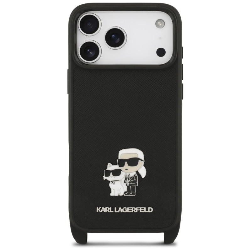 Karl Lagerfeld Saffiano Karl&Choupette Metal Pin CBDY Strap vāciņš ar siksnu Apple iPhone 18 Pro / 17 Pro, melns