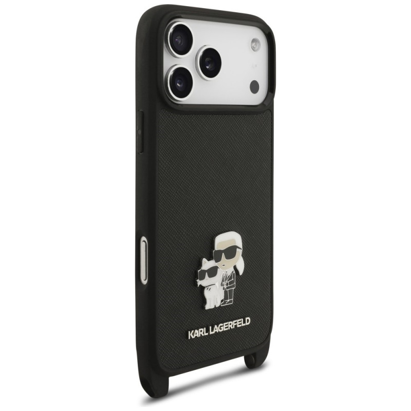 Karl Lagerfeld Saffiano Karl&Choupette Metal Pin CBDY Strap vāciņš ar siksnu Apple iPhone 18 Pro / 17 Pro, melns