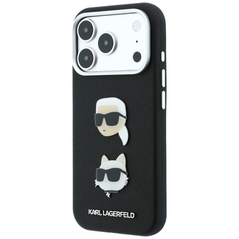 Karl Lagerfeld Saffiano Karl&Choupette Heads Pins Strap Logo vāciņš Apple iPhone 18 Pro / 17 Pro, melns