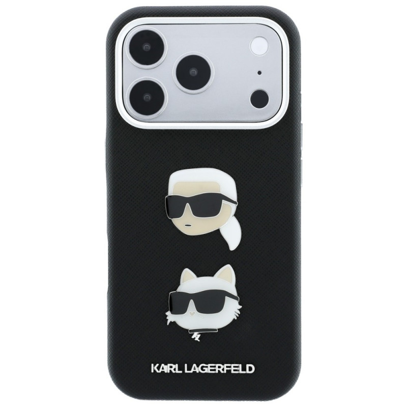 Karl Lagerfeld Saffiano Karl&Choupette Heads Pins Strap Logo vāciņš Apple iPhone 18 Pro / 17 Pro, melns