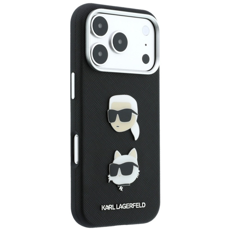 Karl Lagerfeld Saffiano Karl&Choupette Heads Pins Strap Logo vāciņš Apple iPhone 18 Pro / 17 Pro, melns